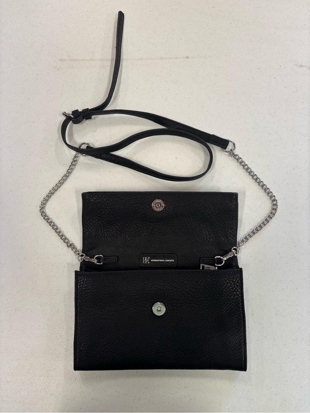 INC International Concepts Black Leather Crossbody Tri-fold with Chain Strap
